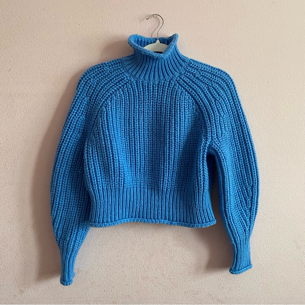 H&M Rib Chunky Knit Scandi Turtleneck Balloon Sleeve Prep Crop Pullover Sweater